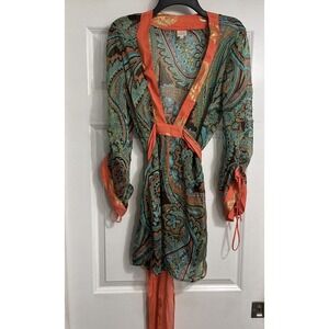 Milly Cabana Large silk Paisley swim cover Sheer Pink Trim Gold Accents‎